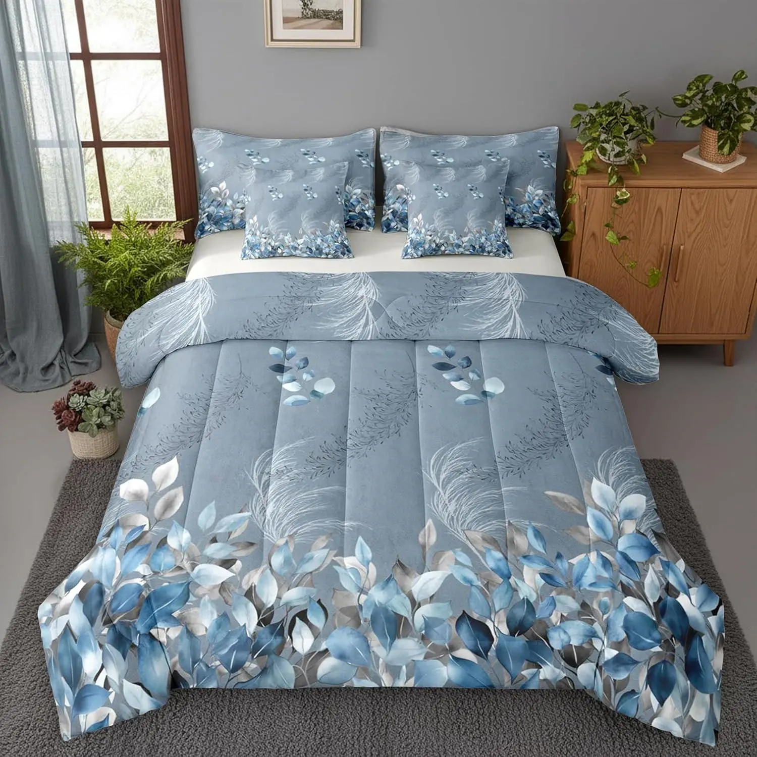 Navy Blue Botanical Comforter Set Vintage Gradient Leaves Bedding Sets Adults Rustic Flowers Leaf Plant Bed in A Bag 7 Pcs Modern Minimalist Aesthetic Sheet Set with Comforter