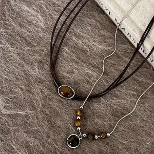 2PCS Retro Tiger Eye Stone Pendant Stackable Necklace Chic Minimalist Handmade Beads Ethnic Necklace Set Women's Multi-layer Clavicle Chain Proms, Music Festivals, And Holiday Wear Accessories