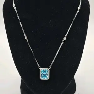 Blue Cubic Zirconia Halo Pendant Necklace in 925 silver 16-18 inches