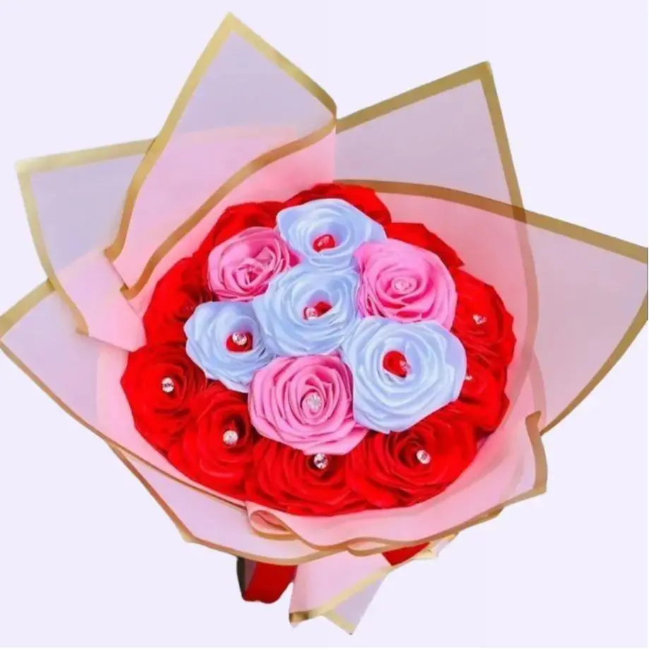 DIY Handmade Satin Roses Bouquets - Perfect for Weddings and Parties Decor Decorative Gift Decoration Table Fruit Plants Ornaments Pink