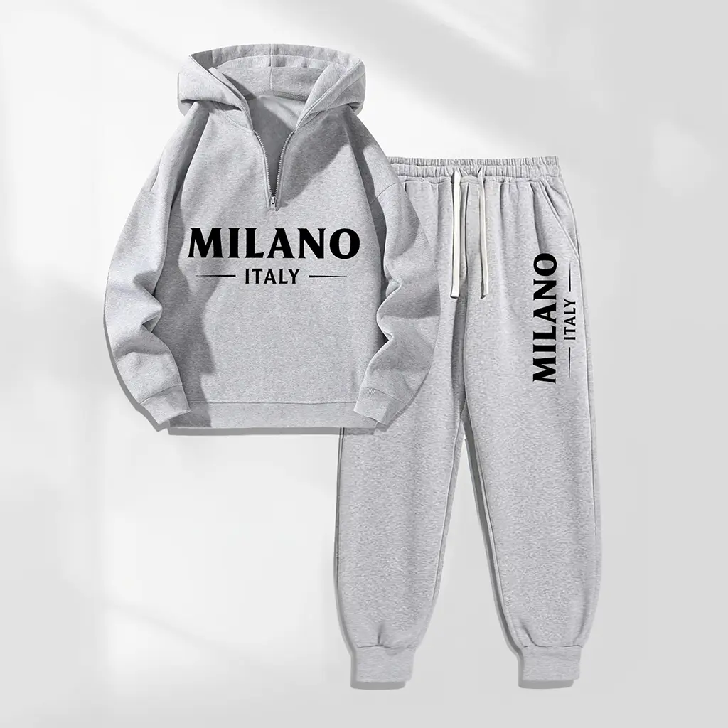 Men's MILANO Letter Pattern Print Hoodie and Drawstring Sweatpants Set, Menswear, Casual Athletic Long Sleeve Hooded Jacket & Trousers for Fall & Winter, Men's Clothing for Daily Wear, Sportswear Indoor Outdoor, Tracksuit, Athleisure