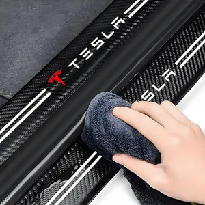 5Pcs Car Door Threshold Protector Stickers Carbon Fiber Leather Sill Scuff Cover Anti Scratch Decal Accessories For Tesla Model 3 Model S Model X Model Y Cybertruck Roadster SpaceX