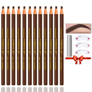Cosmetic Art Waterproof Eyebrow Pencil Set Dark Brown 12Pcs Microblading Supplies Kit with Stencils & Sharpener for Marking Filling Outlining