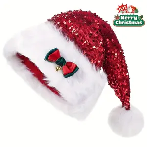 Christmas Sequin Santa Hat with Pom Pom - Shiny Red and White Holiday Party Beanie Hat, 100% Polyester, Suitable for Role Play, Costume Parties, and Christmas Celebrations, Winter Essential, Party Event Props