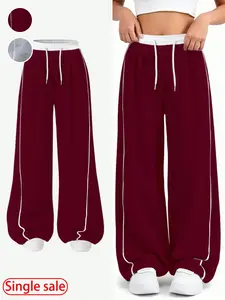 Girls' American Vintage Patchwork Wide Leg Sweatpants, Side Stripes High Waist Drawstring Sports Casual Long Pants, Winter Loose-Fitting Trousers
