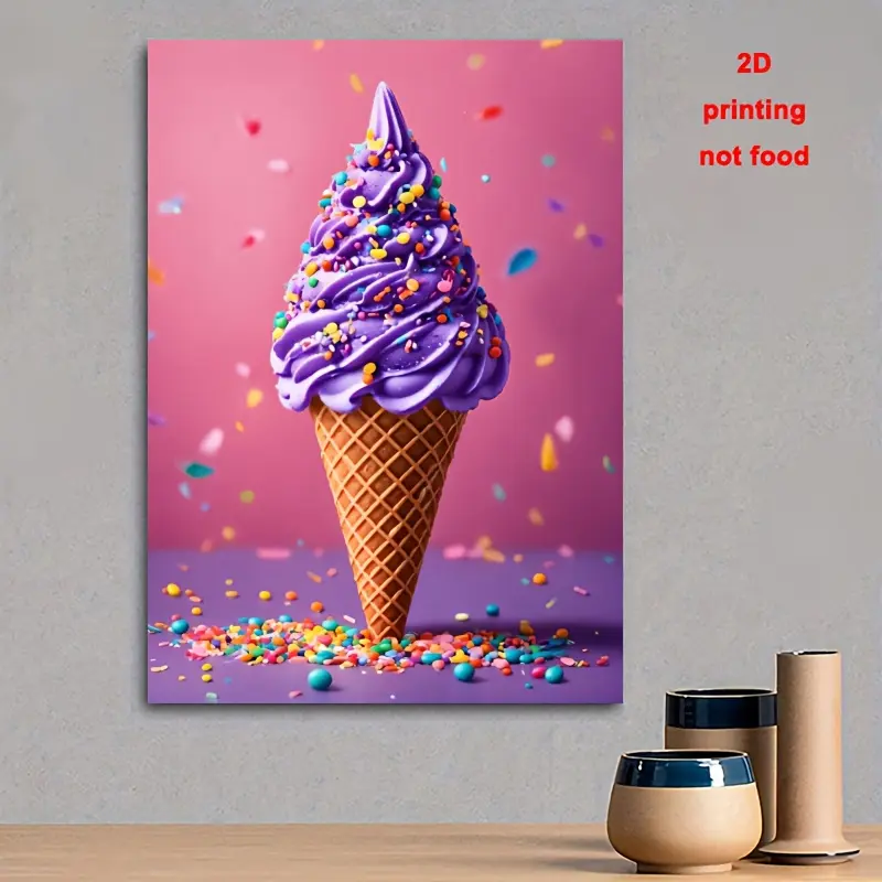 Ice Cream Cone Canvas Poster - Purple Icing and Pink Background Wall Art - Ready-to-Hang Dessert Decoration, Suitable for Kitchen, Living Room, Cafe - Perfect Gift for Ice Cream Lovers - High-Quality Canvas Print, Home Decoration, Easy Design, Detailed Ar