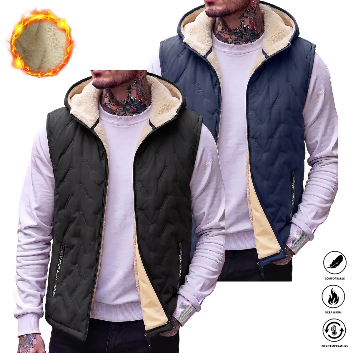 JOGWAVE 2PCS Men’s Casual Wear Regular Fit Winter Fleece Thick Flannel Vest Jacket with Lambskin Insulation, Warm Stand Collar, Ultrasonic Stitching Top — A Great Gift for Him