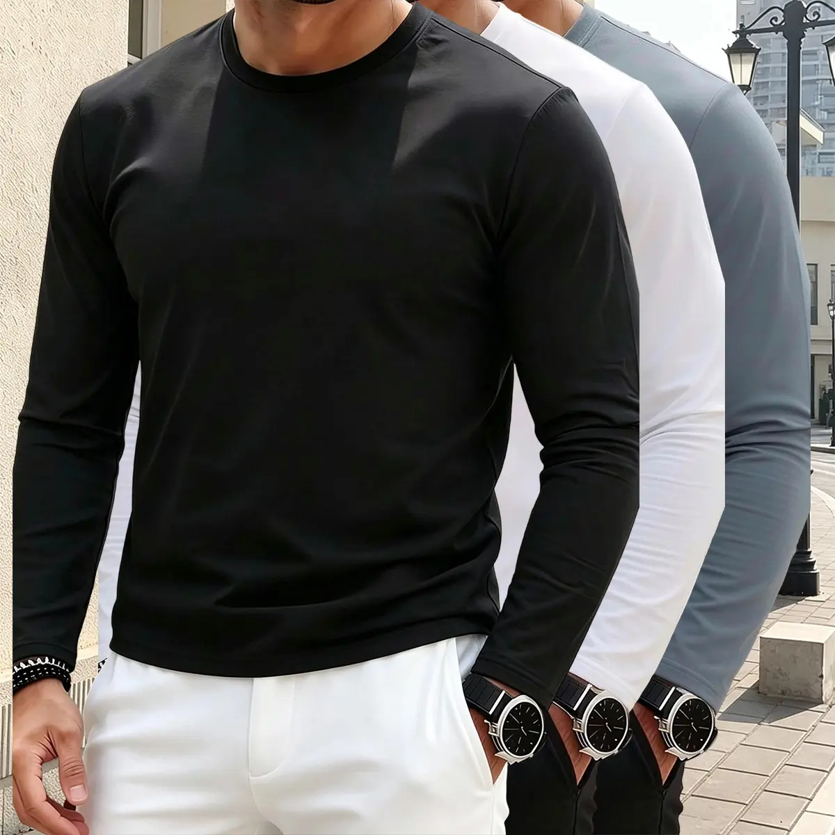 3pcs Men'S Quick Drying Long Sleeved Casual T-Shirt with Moisture Absorbing Properties Perfect for Sports And Daily Wear. Fashionable Multi-Color Long Sleeved, Moisture Wicking Quick Drying Suitable for Running Gym And Daily Fitness Activities