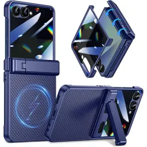 Magnetic for Samsung Galaxy Z Flip 7 Case with Built-in Privacy Screen Protector, [Compatible with MagSafe] with Hidden Kickstand & Hinge Protection Shockproof Textured Cover, Blue-USA