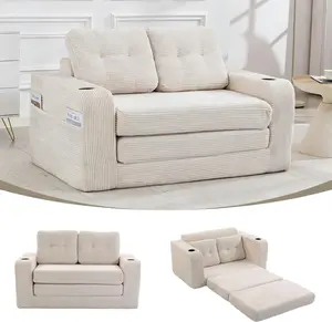 53.5" Convertible Sofa Bed, Loveseat Sleeper Couch, 2-in-1 Boneless Folding Couch Bed with Cup Holder & Pocket, Corduroy Fold Out Floor Couch with Pillows for Living Room, Bedroom, Small Spaces (Beige)