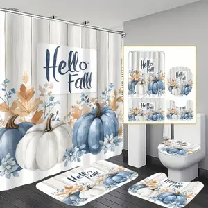 4pcs Thanksgiving pumpkin pattern design, exquisite shower curtain set, non-slip floor mat, U-shaped carpet, toilet lid cover, perfect for bathroom decoration, partition, beautify space, 12 shower curtain hooks are included