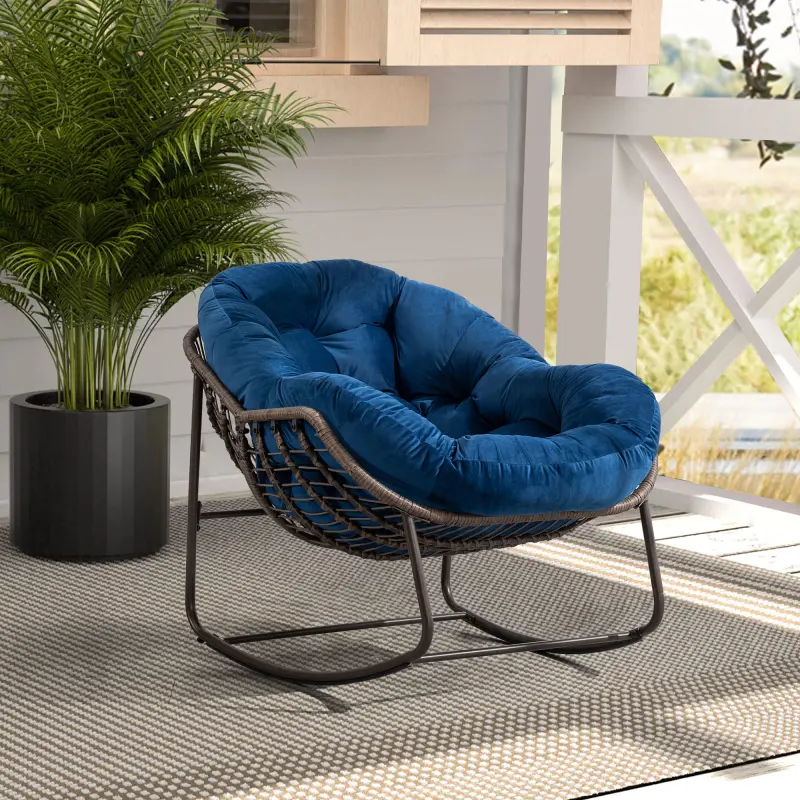 Outdoor Rocking Chair, Patio Egg Rocking Chair, Indoor Papasan Chair, Rattan Wicker Lounge Chair, Modern Royal Chair for Bedroom, Living Room, Porch, Garden, Navy Blue
