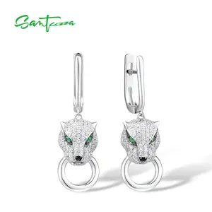 SANTUZZA 925 Silver White Cubic Zirconia Lab Created Green Or Black Spinel Leopard Earrings Fine Jewelry