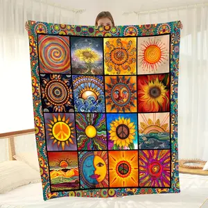 Soft Vintage-Inspired Flannel Mandala Sunflower Throw Blanket - All-Season Cozy Sofa & Bed Decor, Ideal Gift for Friends with Peace & Nature Motifs, Artistic Design