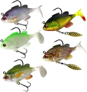 HADORAM 5 Pieces Pre-Rigged Jig Head Paddle Tail Lures, Soft Plastic Fishing Lures with Spinner Blades, 3D Eyes, Sharp Hooks, Realistic Swimbaits Lures for Freshwater Saltwater Bass Trout Walleye