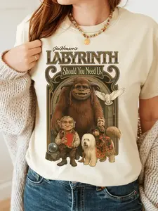 Women's Oversized Jim Henson's Labyrinth Graphic Tee, Vintage "Should You Need Us" Ludo & Hoggle T-Shirt, Soft Cotton Retro 80s Fantasy Movie Shirt for Casual Daily Wear