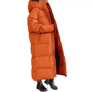 Women Long Quilted Coat Hooded Maxi Length Long Sleeve Puffer Jacket Padded Coat Winter Outerwear