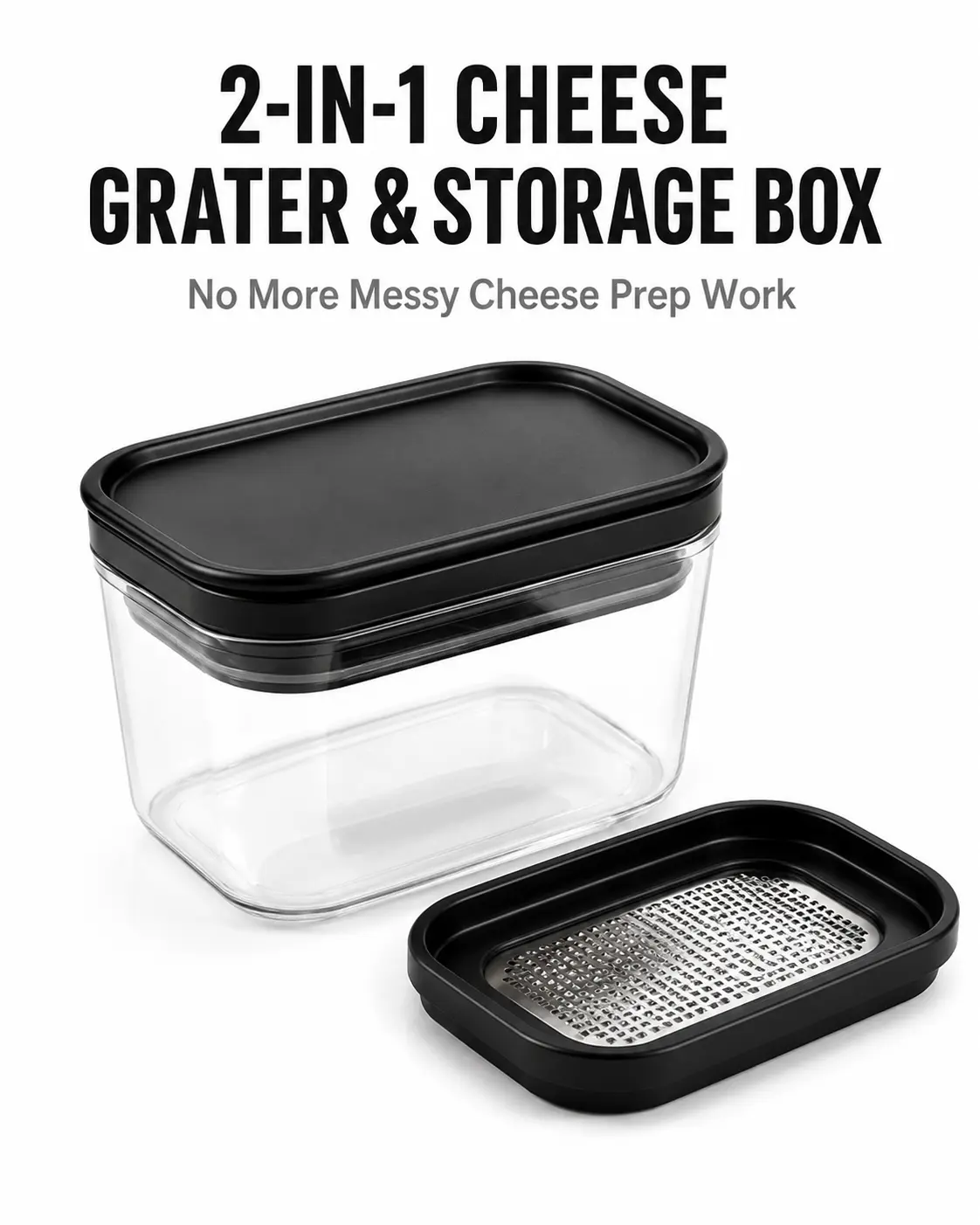 3-in-1 Borosilicate Glass Airtight Cheese Keeper with Removable Stainless Steel Shredder, Kitchen Food Storage Container for Fridge