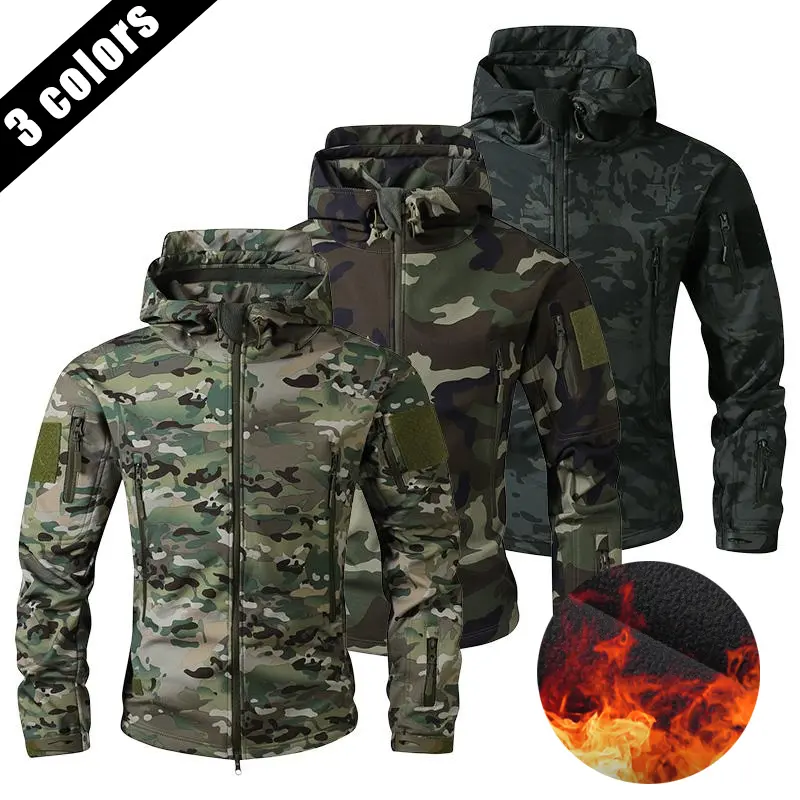 Men’s camouflage fleece jacket, waterproof hooded long-sleeve outerwear with multiple pockets, suitable for outdoor activities and off-road motorcycle sports, long-sleeve design
