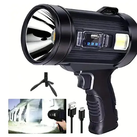 Rechargeable Solar-Powered LED Torch Light - Bright Handheld ABS Alloy Spotlight with 6 Modes (Strobe, High), 4-5hrs Long Runtime, IPX5 Water Resistance, Blue/Red/Yellow Light Swap, Charging Cable, Adjustable Outdoor Searchlight for Hunting, Camping