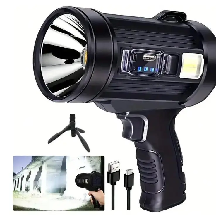 Rechargeable Solar-Powered LED Torch Light - Bright Handheld ABS Alloy Spotlight with 6 Modes (Strobe, High), 4-5hrs Long Runtime, IPX5 Water Resistance, Blue/Red/Yellow Light Swap, Charging Cable, Adjustable Outdoor Searchlight for Hunting, Camping