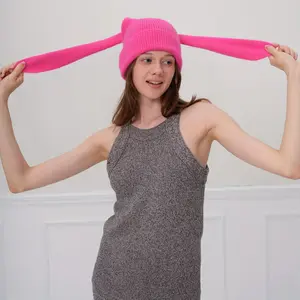 Women's Bunny Ear Beanie - Soft Plush Winter Hat with Pink Ears, Cozy Non-Stretch Fit for Parties & Casual Outfits, Hand Washable Fashion Accessory, Bunny Ear Hat