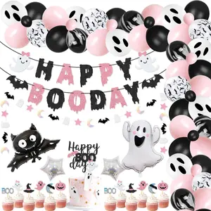 92 Packs Pink Black Halloween Birthday Party Kit Happy Boo Day Banner Cake Topper Halloween Ghost Cupcake Toppers Skeleton Bat Mylar Balloons For Pink And Black Halloween Birthday Party Decorations