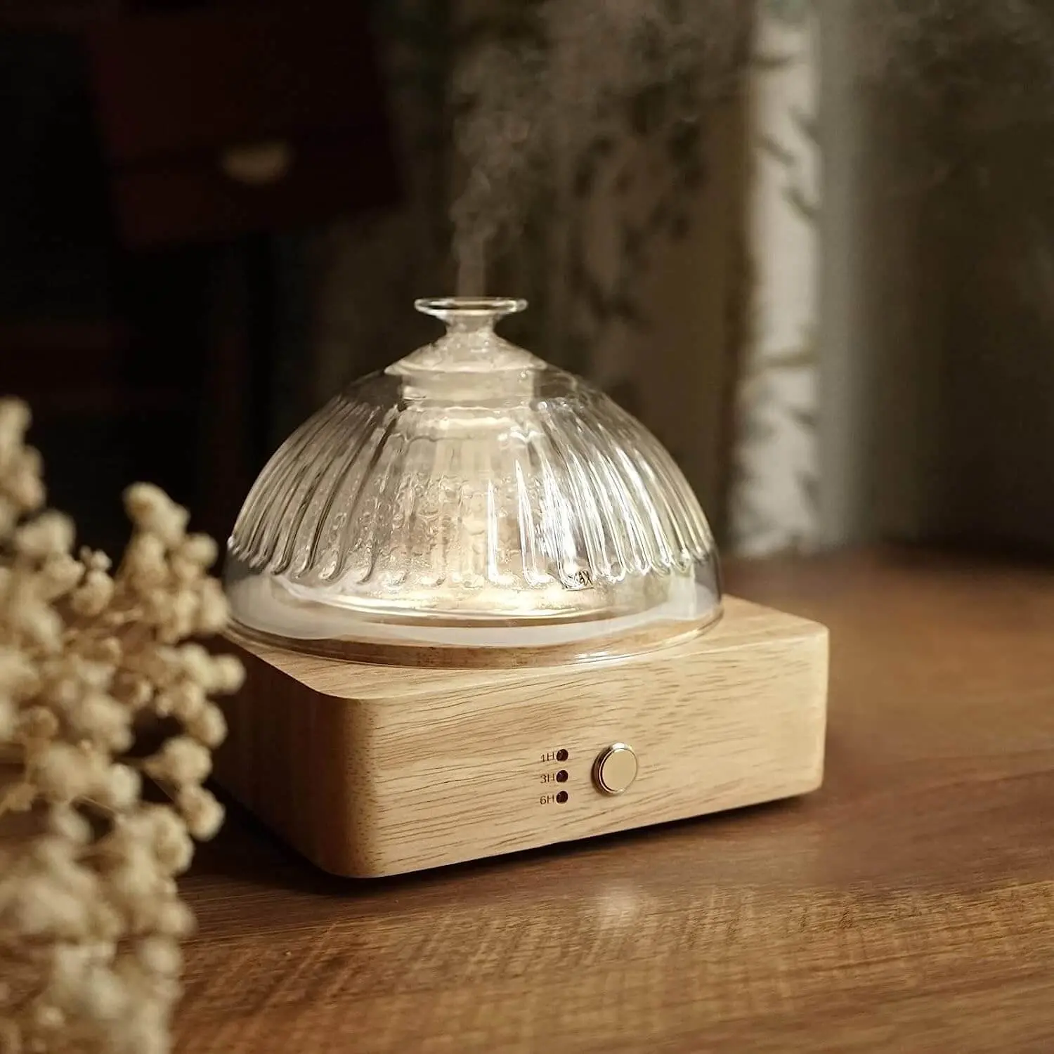 Glass Dome Essential Oil Diffuser with Glass Reservoir & Wood Base-Plastic Free, 200ml Ultrasonic Glass Diffuser for Aromatherapy with Timer 7 Color Light Auto-Off for Gift, Home, Office, Yoga, Pilates, Fragrance Machine