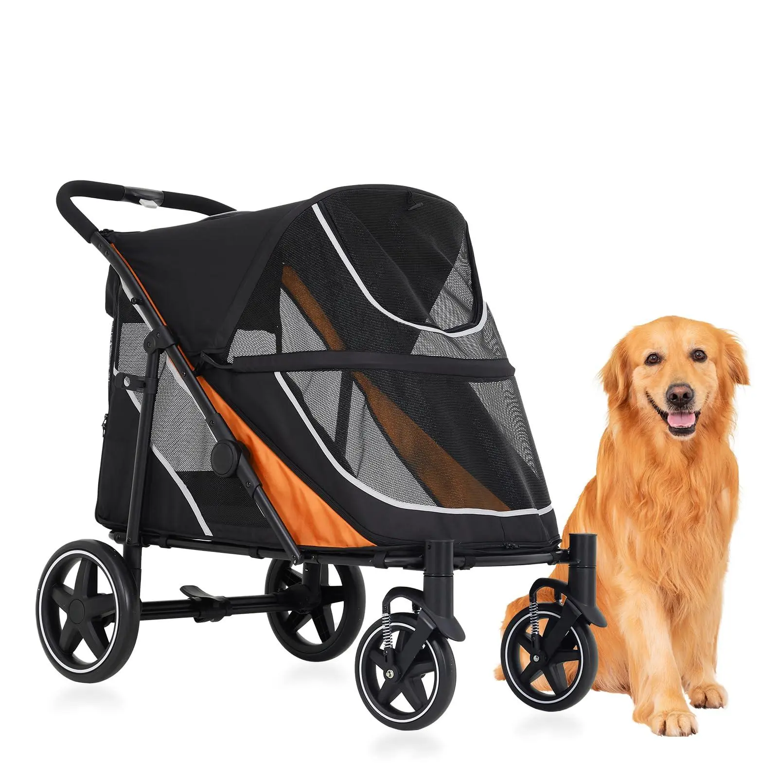 GAOMON Large Dog Stroller for Extra Large Dogs, Heavy Duty Pet Stroller with All-Terrain 11" Rear Wheels & 360° Front Swivel, One-Hand Fold Travel Carrier Wagon for Medium Big Dogs, Orange