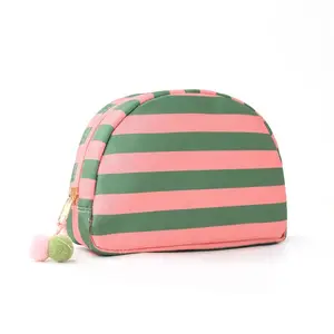 Unisex Pink & Green Stripe Print Cosmetic Pouch - Portable Travel Makeup Organizer Bag, Gym Storage Bag with Zip Closure for Outdoor & Daily Use