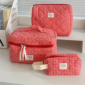 Raspberry Checkerboard Three-Piece Set New High-Value Portable Korean Style Vintage Plaid Outing Storage Zipper Handbag Cosmetic Bag Suitable for Girls Women