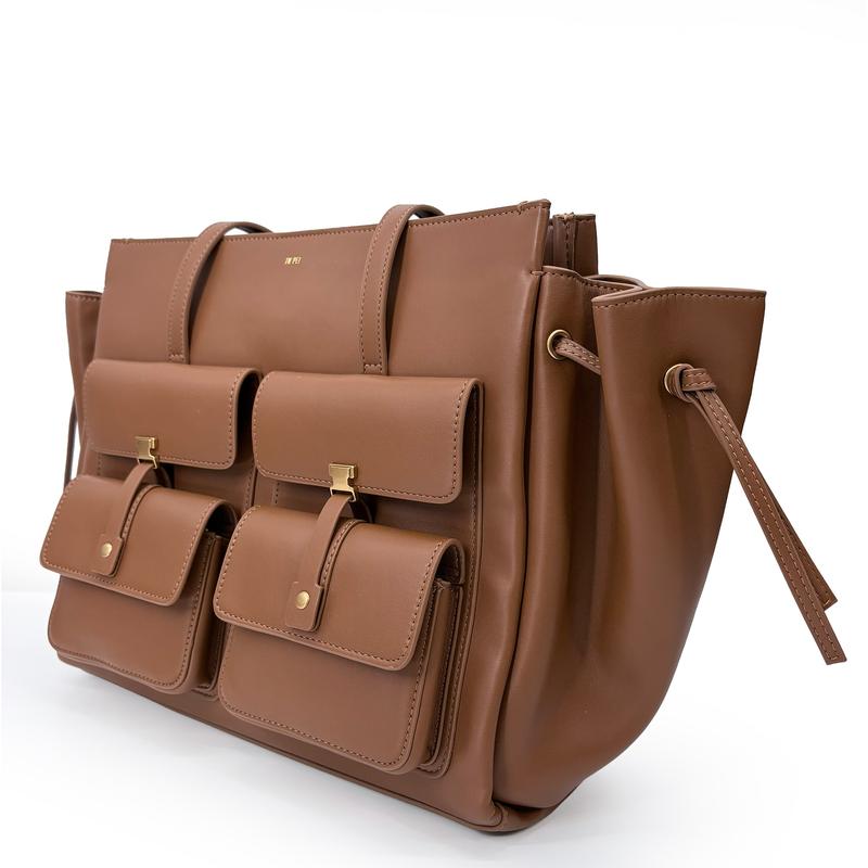 JW PEI Designer Leather Utility Tote Bag Brown Everyday Carry with Smart Storage Genuine Leather Multiple Pockets Roomy Interior Comfortable Straps