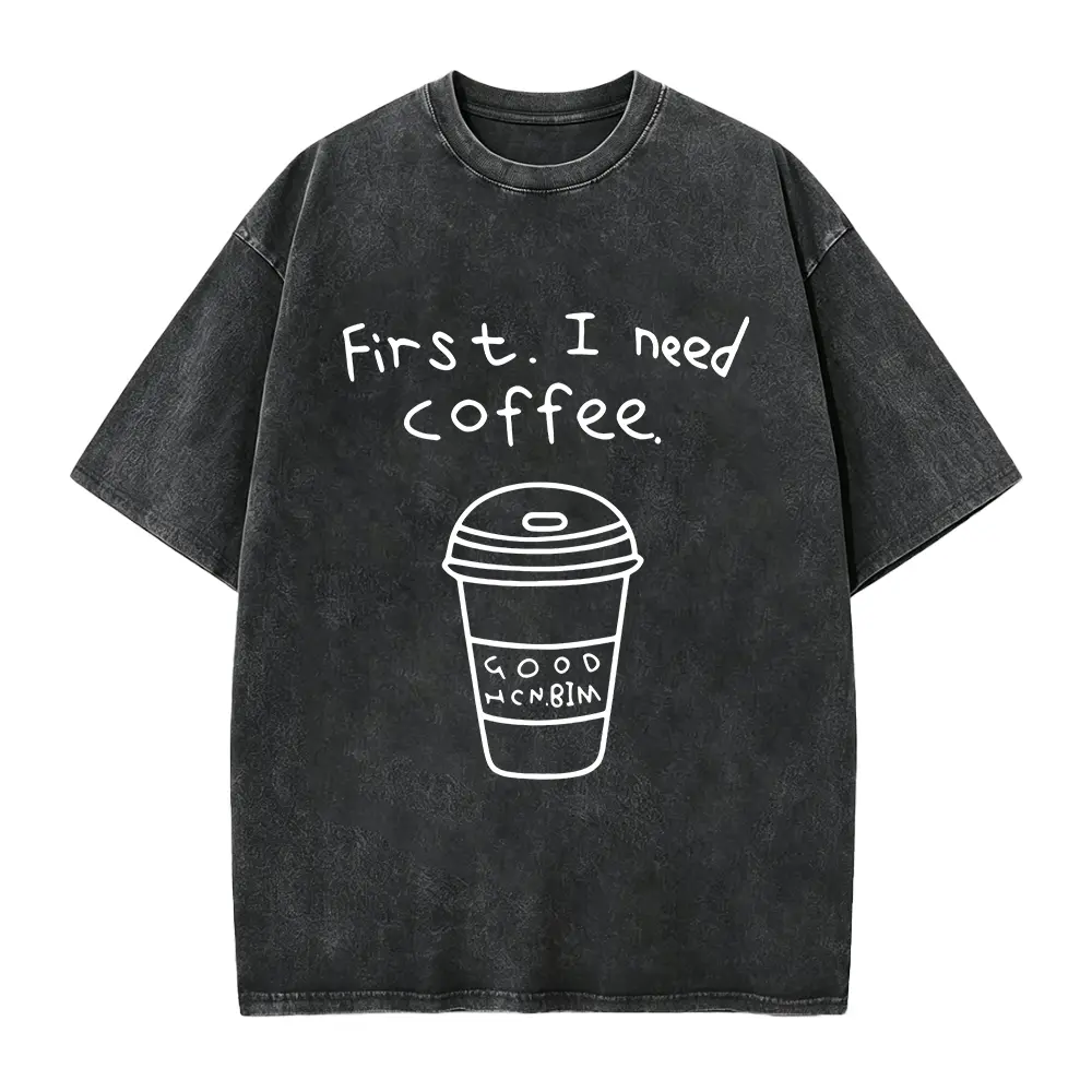 First I Need Coffee Line Art Coffee Cup Graphic Tee, White Casual Coffee Lover Women Short Sleeve Top