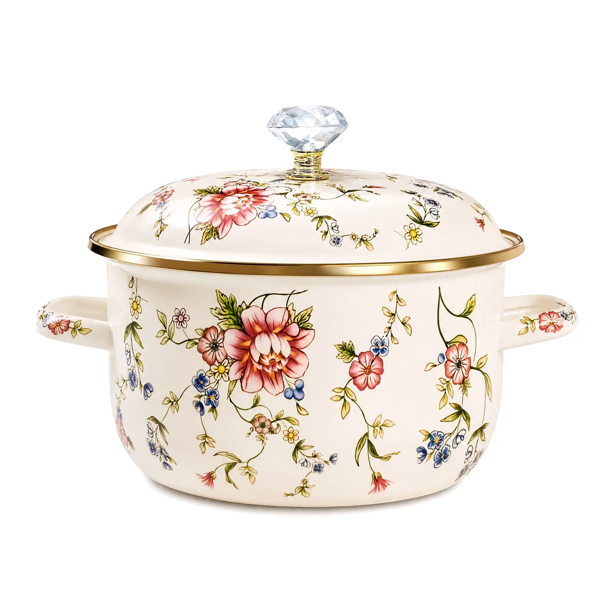 Vintage Rose Floral Enamel Cooking Pot with Lid 4.5 Qt, Dual Handle Enameled Dutch Oven Stockpot for Stew Soup Pasta, Non Stick Enamelware Serving Pot for All Cooktops