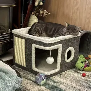 Luxury Multi-Layer Cat Bed with Dual Beds, Toy Tunnel, Foldable Scratching Post, Plush Hanging Ball, Nylon Frame, Canvas Structure, 16.5x16.5x13 Inches