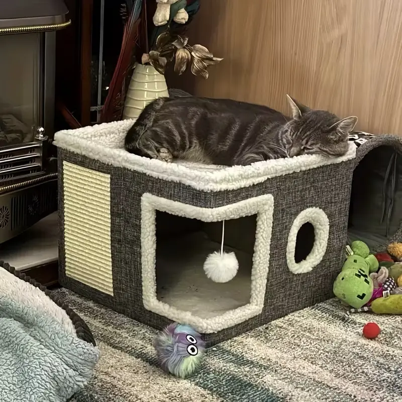 Luxury Multi-Layer Cat Bed House with Dual Beds, Toy Tunnel, Foldable Scratching Post, Plush Hanging Ball, Nylon Frame, Canvas Structure, 16.5x16.5x13 Inches
