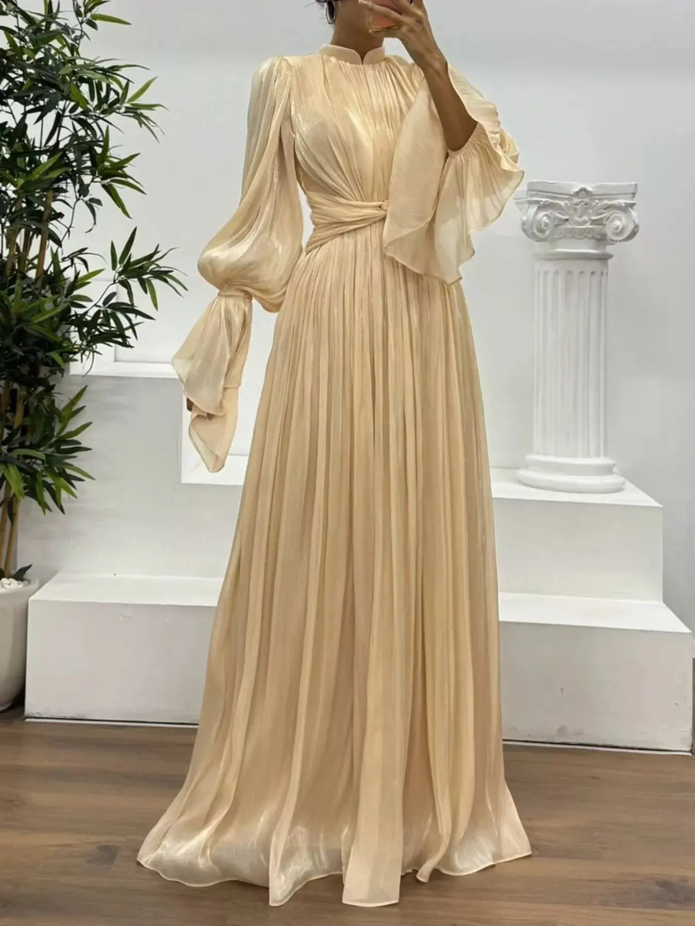 Women's Apricot Polyester Long Sleeve Mock Neck Maxi Dress - Pleated Ruffles, Ruched Zipper Detail, Elegant Adorable Full-Length Formal Evening Wear (Maxi Dress for Women), Elegant Evening Dresses