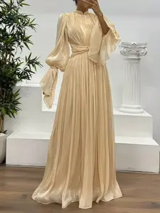 Women's Apricot Pleated Ruffles Mock Neck Longsleeves Ruched Zip Polyester Maxi Dress - Formal Wear