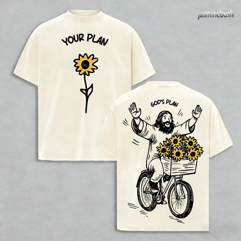 YOUR PLAN GOD’S PLAN Christian T Shirt Washed Sunflower Jesus Illustration Heavy Cotton Streetwear Faith Graphic Unisex Relaxed Fit Inspirational Religious Tee Aesthetic Merry Christmas