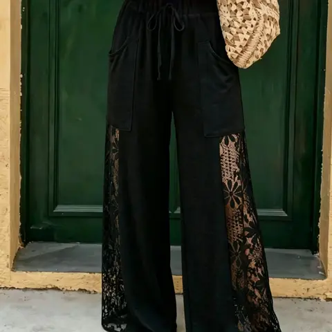 Women's Casual Lace Trim Solid Color Loose Oversized Wide Leg Pants with Pockets for Everyday Wear Casual Fashion Loose