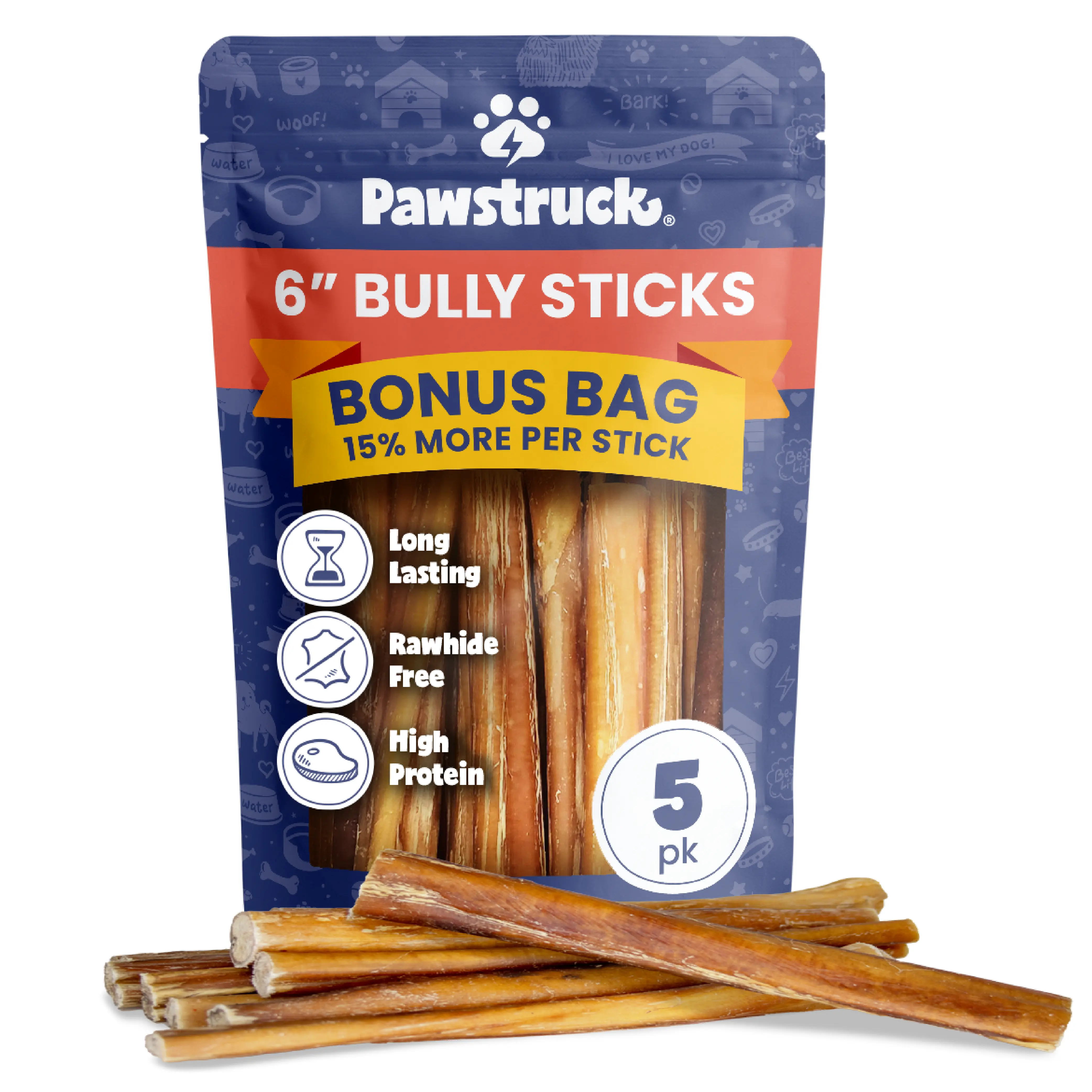 Pawstruck 5 Pack Bully Sticks with Bonus Inch for Dogs