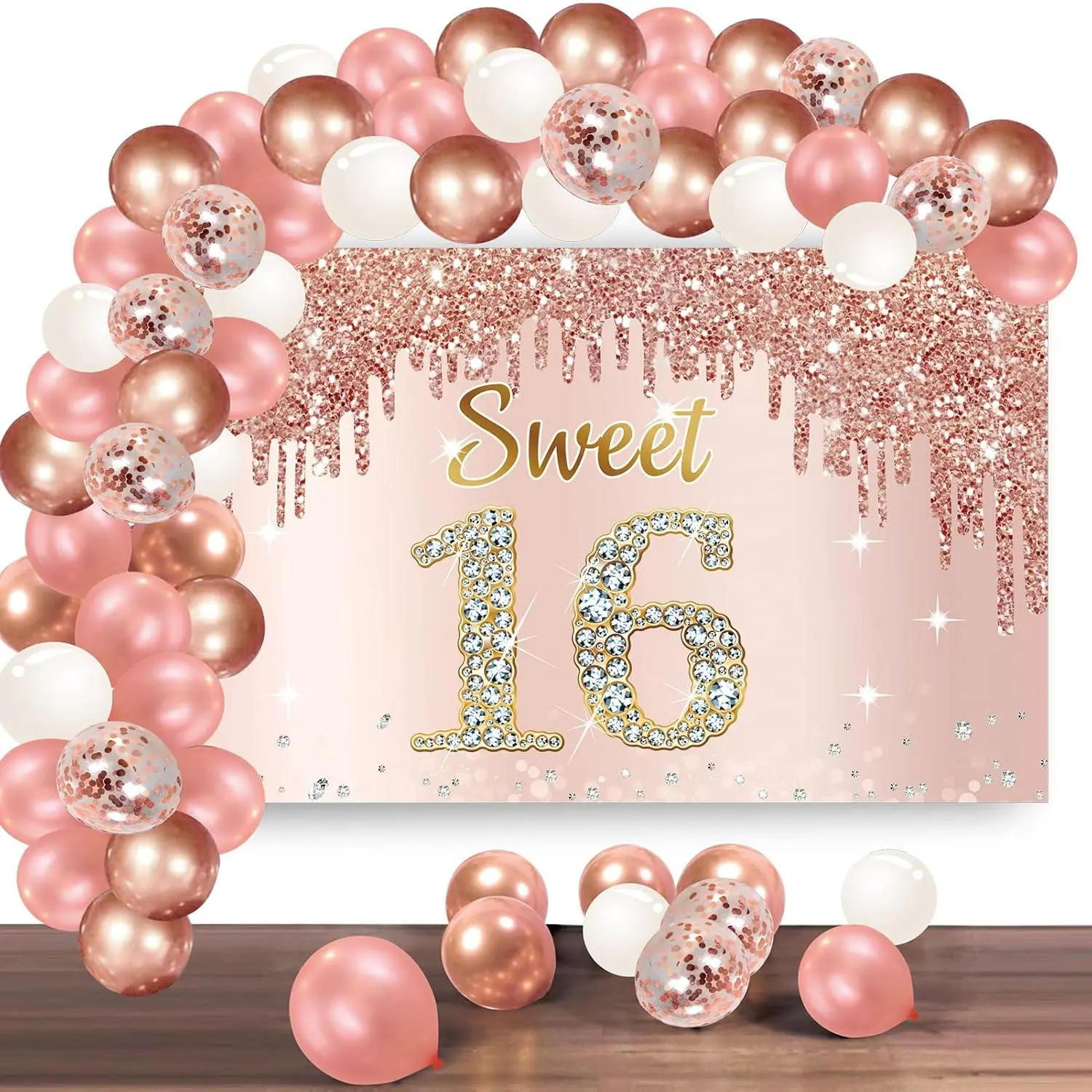 Rose Gold Sweet 16Th Birthday Banner Backdrop With Confetti Balloon Garland ArchHappy 16 Birthday Banner Balloon Set For GirlsPink Sixteen Bday Poster Photo Booth Decor