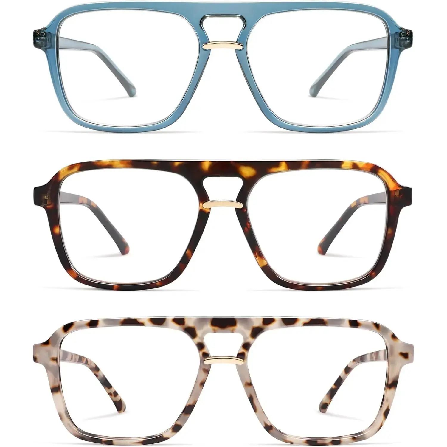 3-Pack Multi-Pack Full Rim Aviator Reading Eyeglasses for Men and Women, Stylish Square Frames, Blue Light Blocking Lenses, Everyday Wear, AM6164