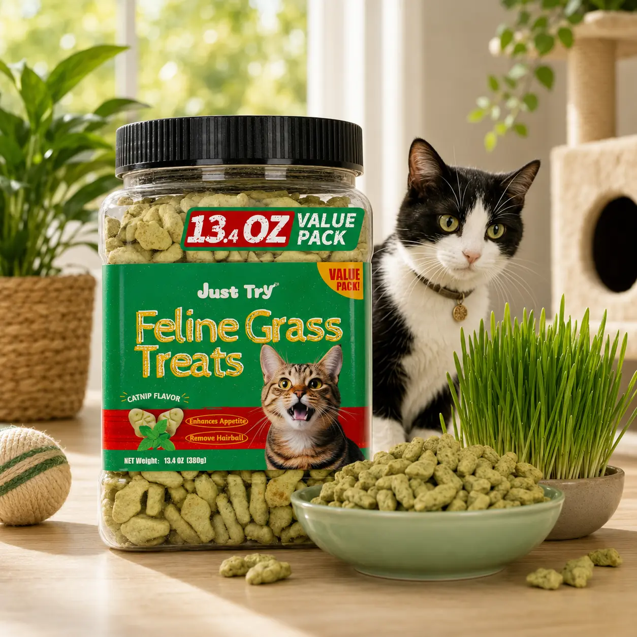 Just Try Cat Treats for Indoor Cats Hairball Control Natural Salmon Healthy Cat Grass Treats Kitten Snacks Training Biscuits Catnip for Cats Dental Care 13.4 OZ
