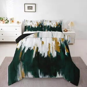 Feelyou Emerald Green Microfiber Bedding Set - Watercolor Graffiti, Striped Oil Painting Designs, Aesthetic Modern Comfy Duvet Cover, Bedroom Comforter Set, Bedroom Bedding Set