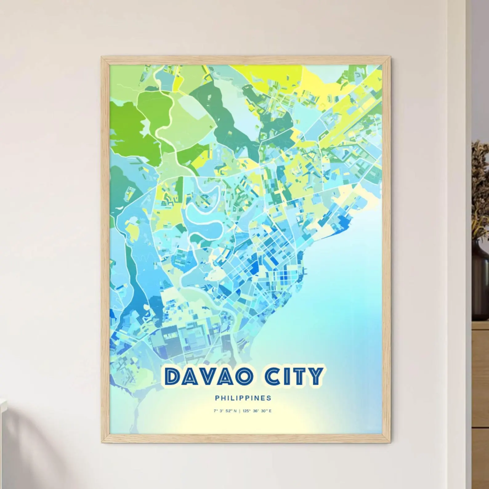 Davao City Philippines Bluish Art Map Customizable Poster Print Unique Wall Decor Personalized Gift Premium Luster Photo Paper Inkjet Printing High-Quality Resin-Coated Photo Base Paper Double-Sided Tape or Framing Options