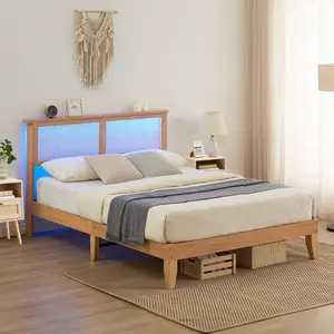 Rattan Bed Frame with LED Light, Boho Natural Headboard, Storage Space Underneath, Sturdy Wooden Slats Support, No Box Spring Needed