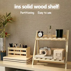 2-Step Desktop Storage Organizer Foldable 2 Tier Ladder Plant Stand Wood Display Shelf Decorative Storage Rack for Table Top