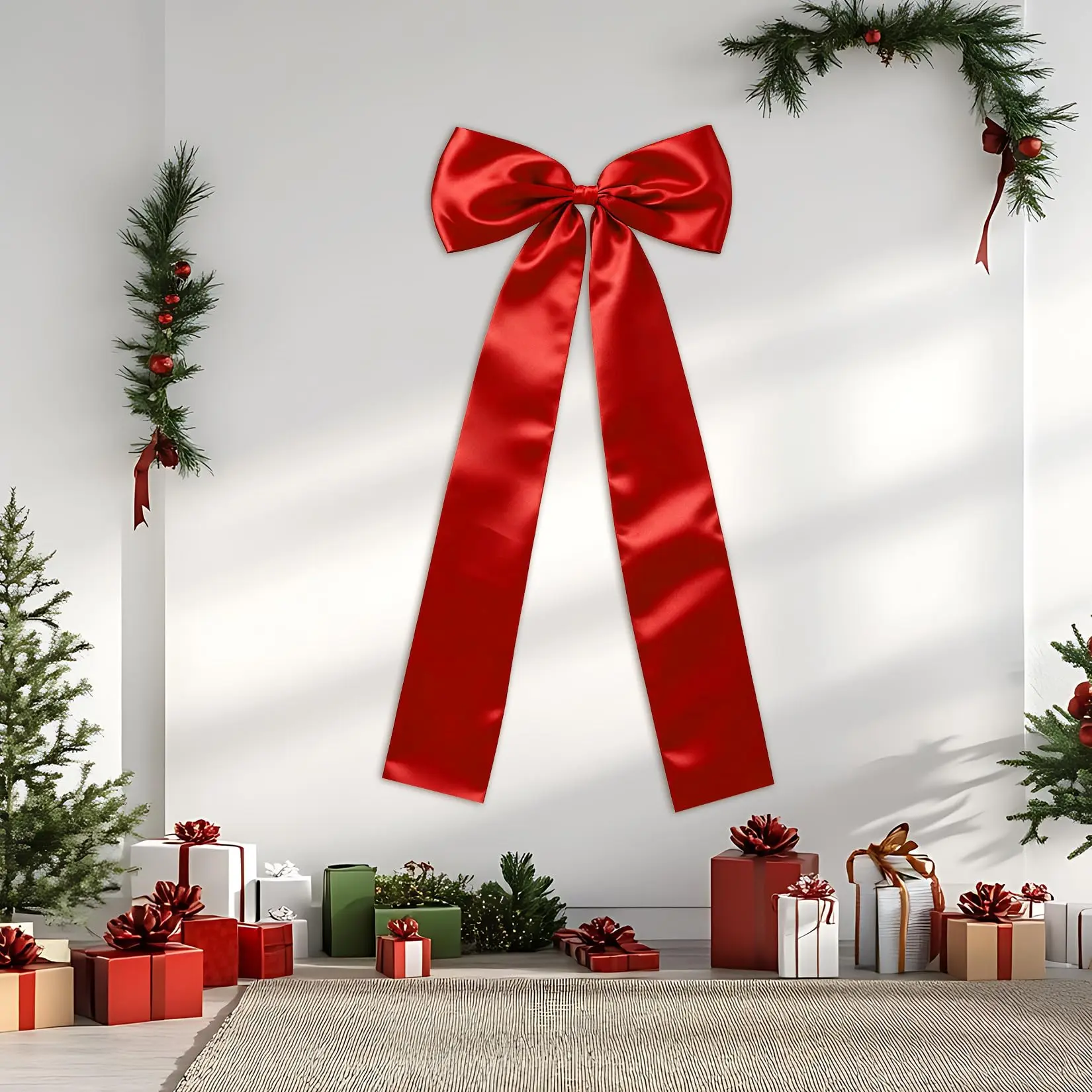 Giant Luminous Satin Christmas Tree Topper with Pad & Bow, 23.6in x 87in Extra-Large Ribbon Decor, Suitable for Door, Home & Party Festive Arrangements, Built-In Shape