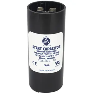 Appli Parts motor start capacitor 340-408 Mfd (microfarads) uF 110-125 VAC universal fit for electric motor applications 1-7/16 in Wide 3-3/8 in Height CON-340-110